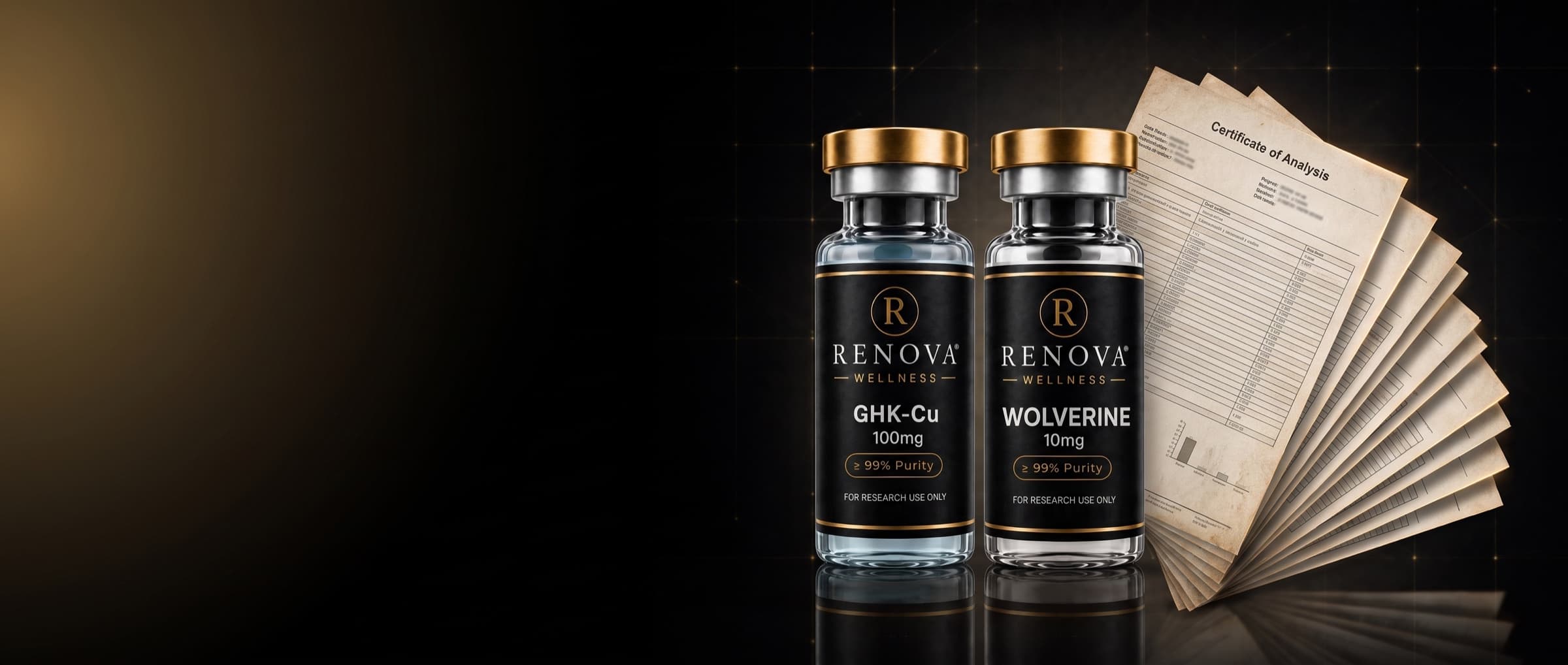 Renova GHK-Cu and Wolverine vials beside a fanned stack of Certificates of Analysis