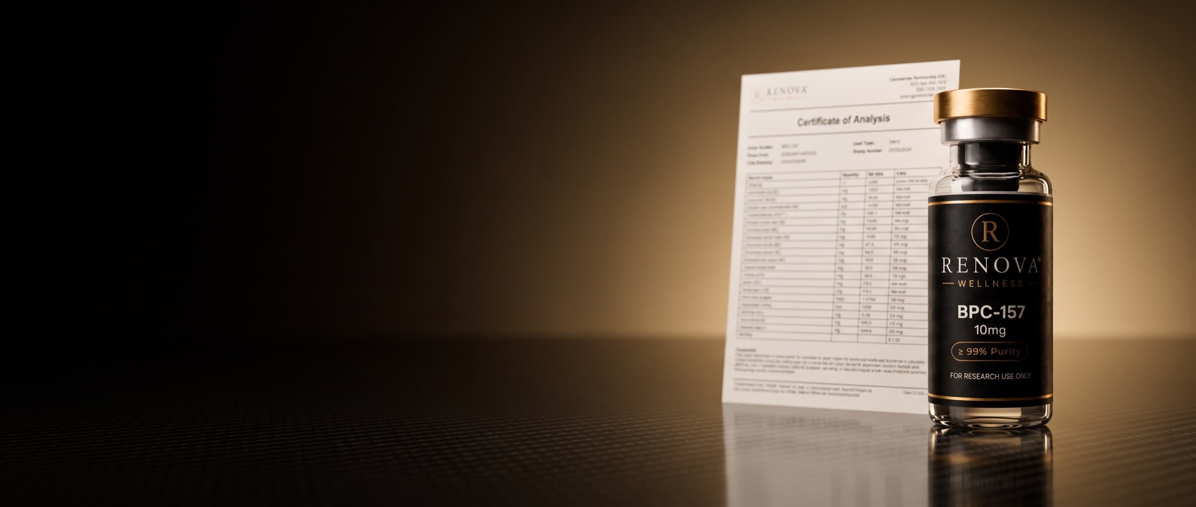 A Renova BPC-157 vial beside its published Certificate of Analysis