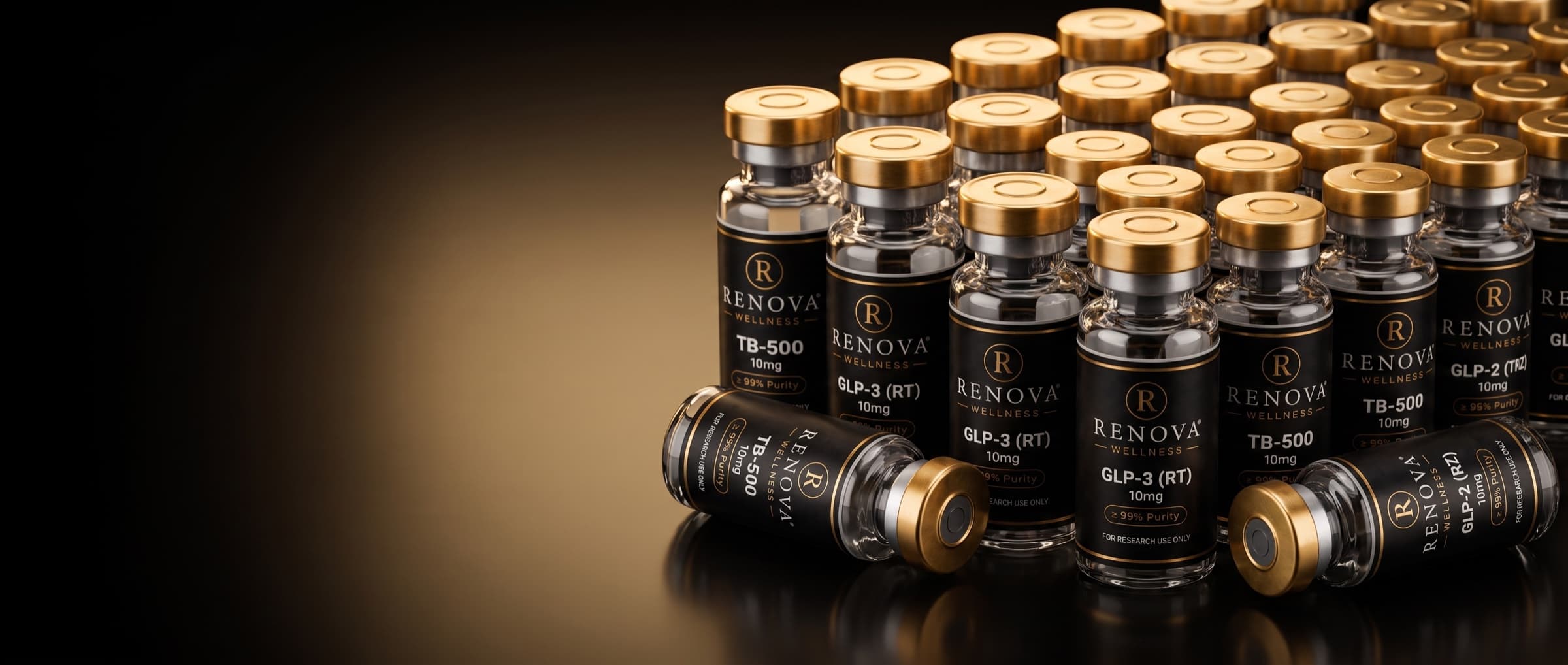 Rows of Renova research-peptide vials — buy in bulk and save